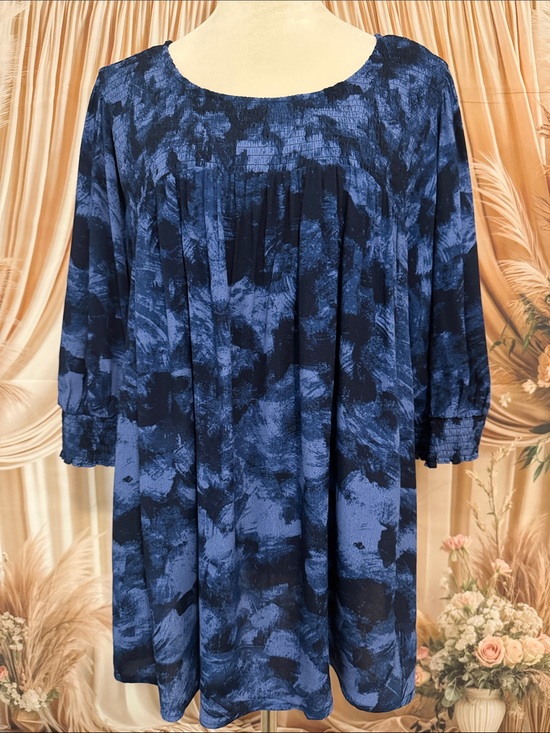 Terra & Sky Tops - Terra & Sky Blue and Navy Patterned Pleated Tunic Blouse